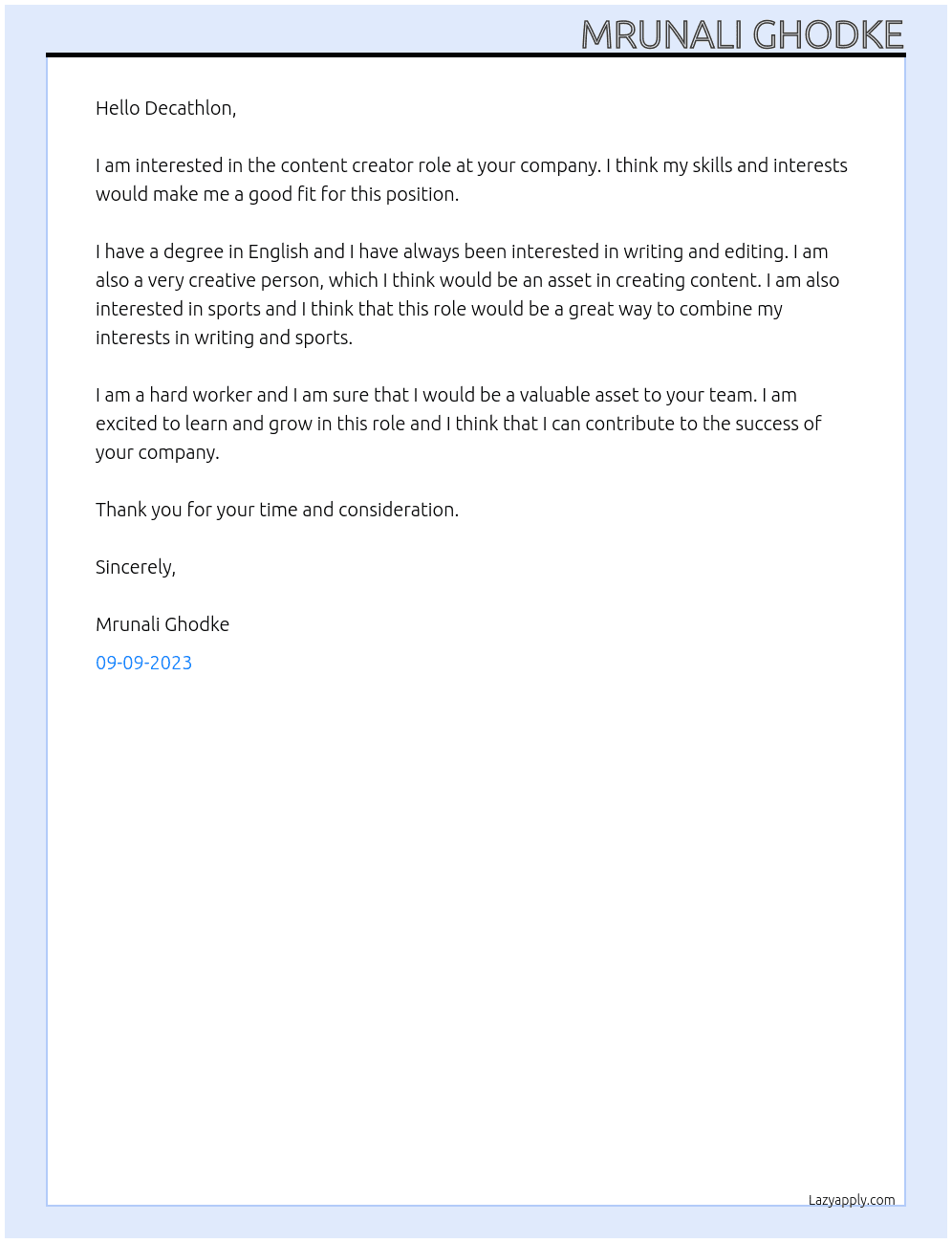 Content creator At Decathlon  Cover Letter