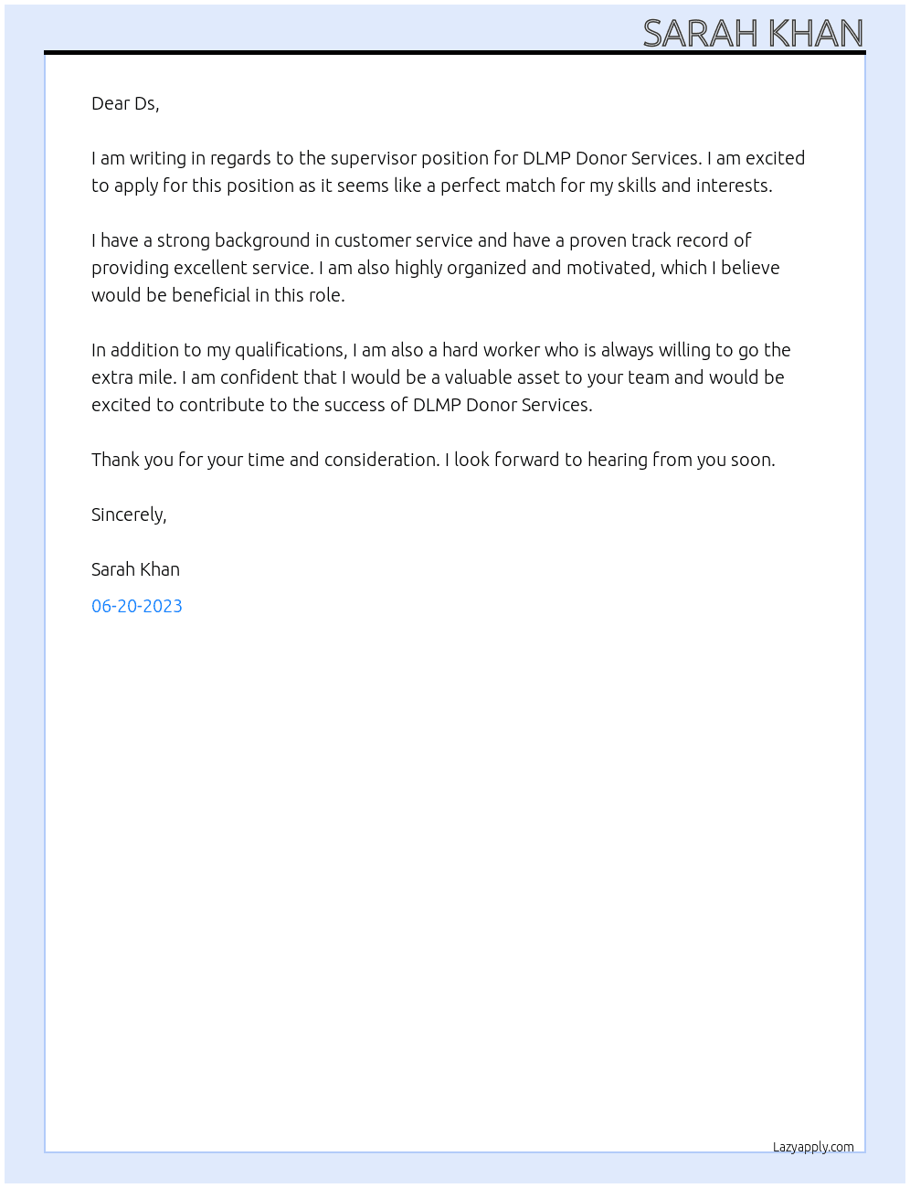 Supervisor - DLMP Donor Services At Ds Cover Letter