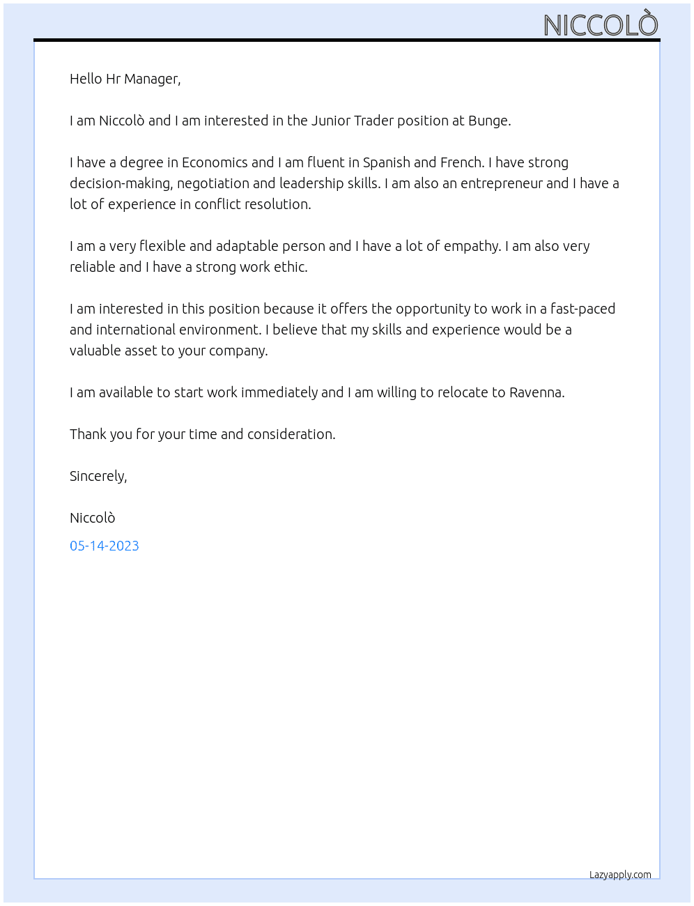 Junior Trader At Bunge Cover Letter