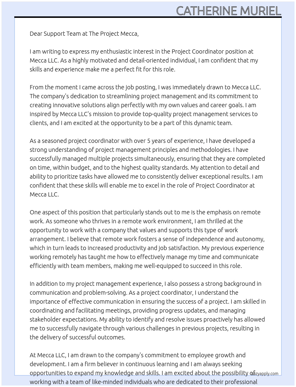 Project coordinator  At Mecca llc. Cover Letter