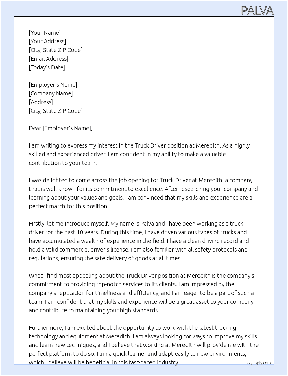 truck driver At meredith Cover Letter