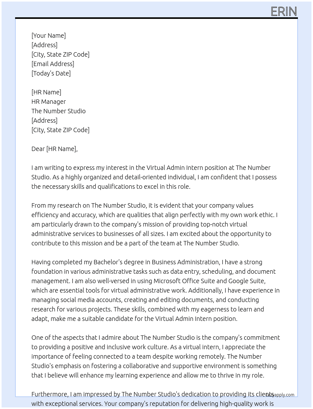 Virtual Admin Intern  At The Number Studio  Cover Letter