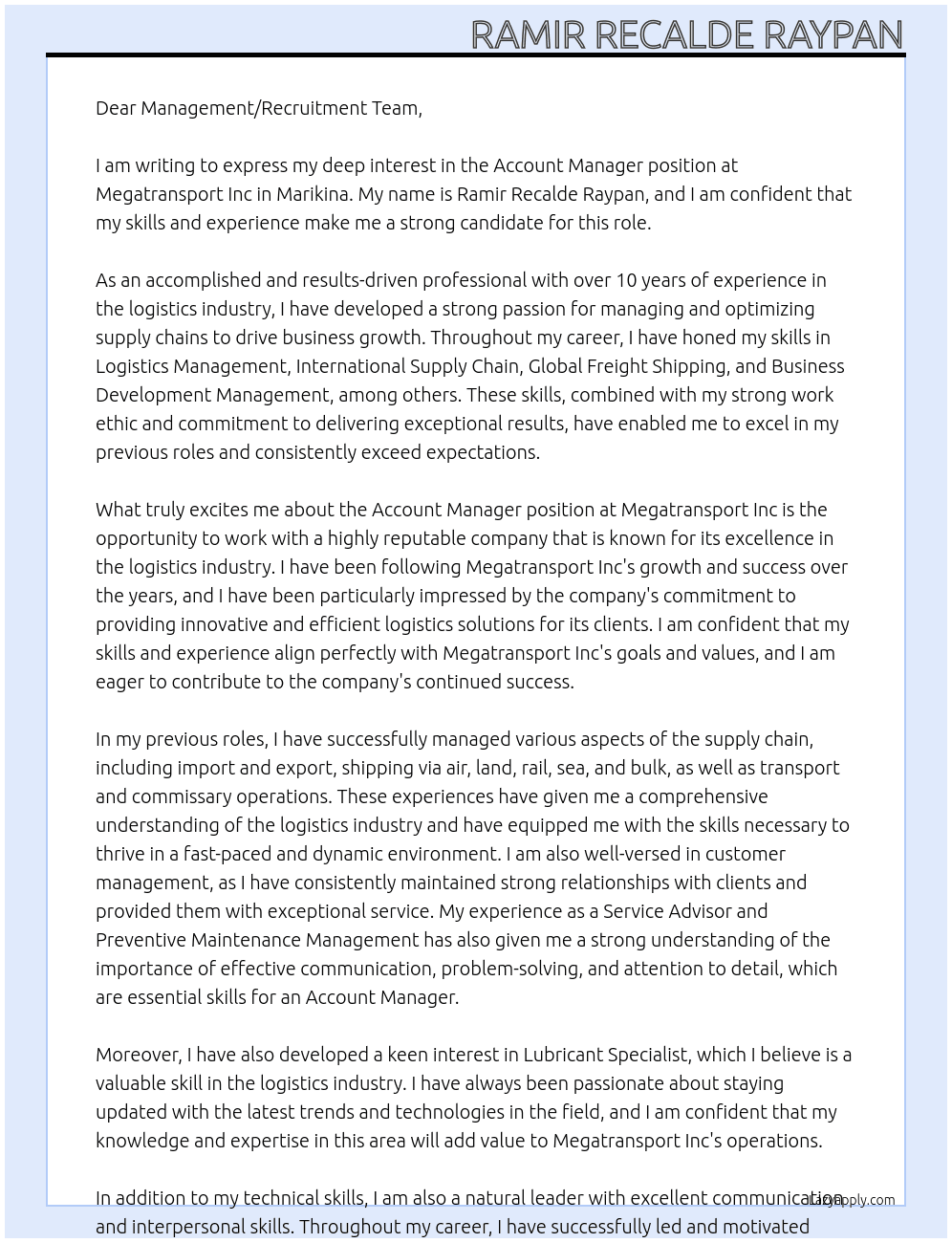 Account Manager At Megatransport Inc - Marikina Cover Letter
