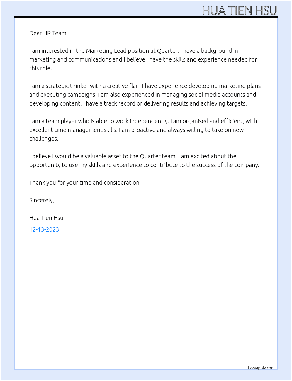 Marketing Lead At Quarter Cover Letter