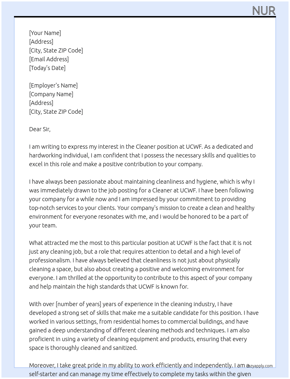 Cleaner At Ucwf Cover Letter