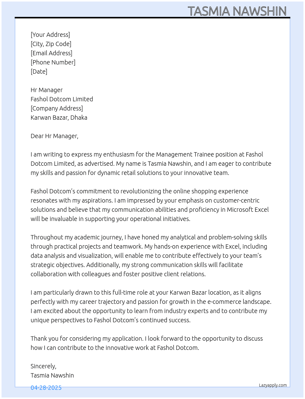 Management Trainee At Fashol Dotcom Limited Cover Letter