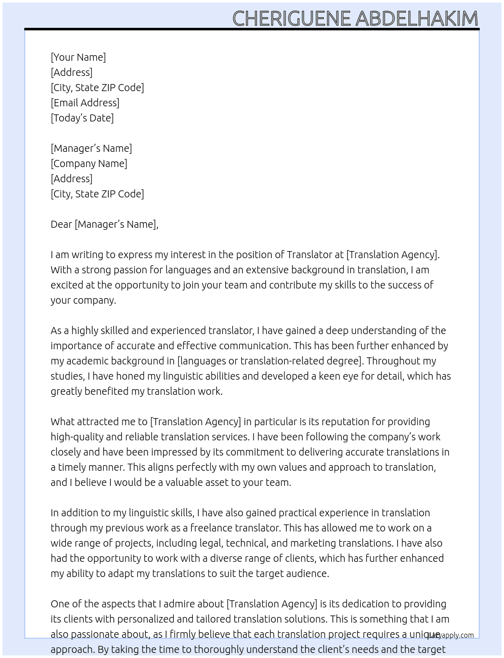 translator At translation agency Cover Letter