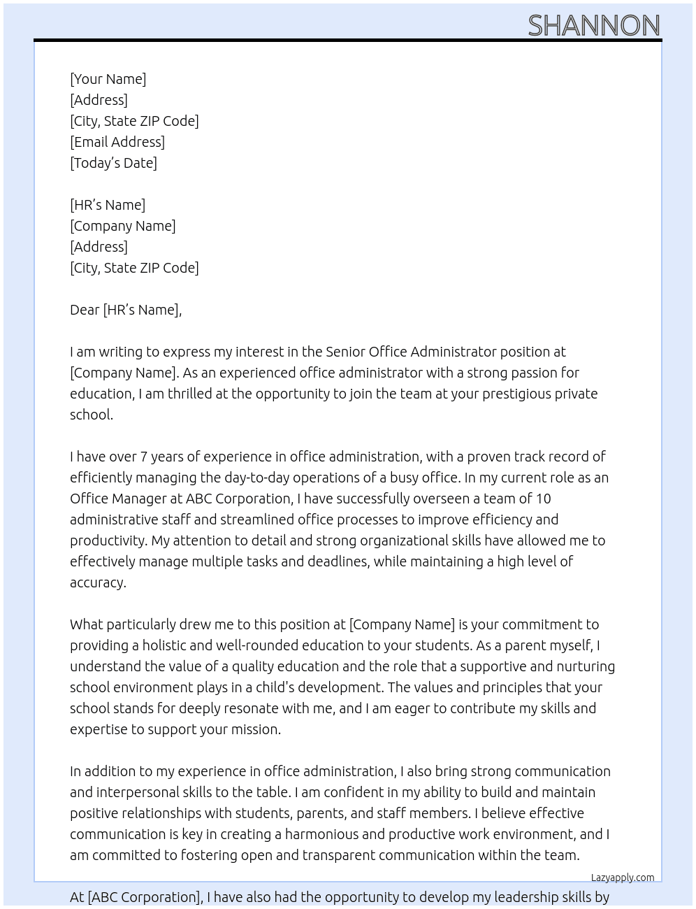 Senior Office Administrator At Private school Cover Letter