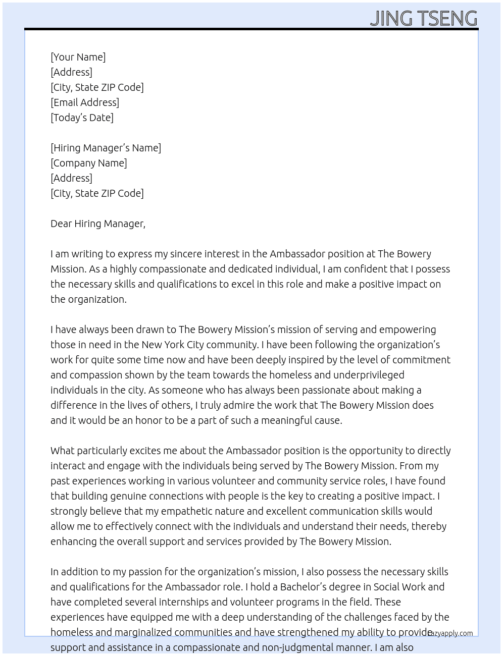 Ambassador At The Bowery Mission Cover Letter