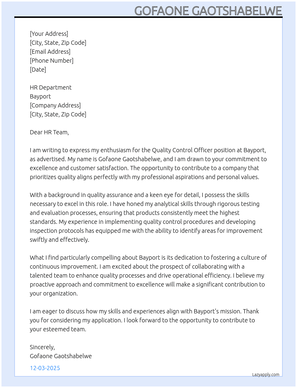 Quality Control Officer At Bayport  Cover Letter