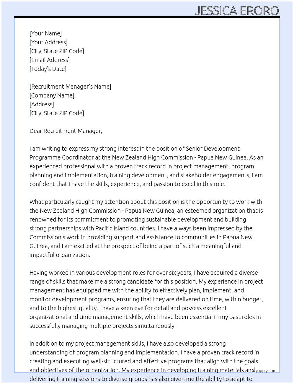 Senior Development Programme Coordinator At New Zealand High Commission - Papua New Guinea Cover Letter