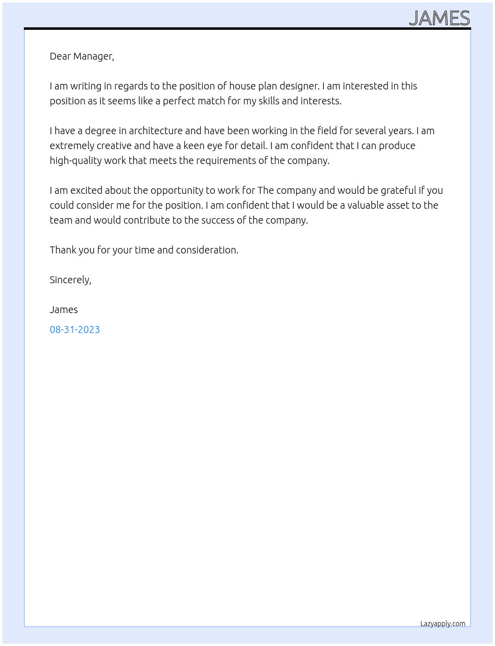 House Plan designer At The manager Cover Letter