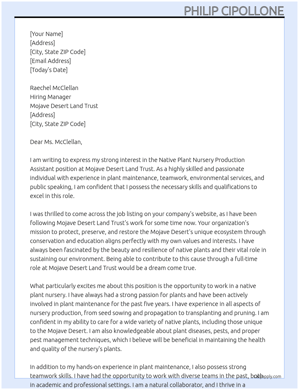 Native Plant Nursery Production Assistant  At Mojave Desert Land Trust Cover Letter