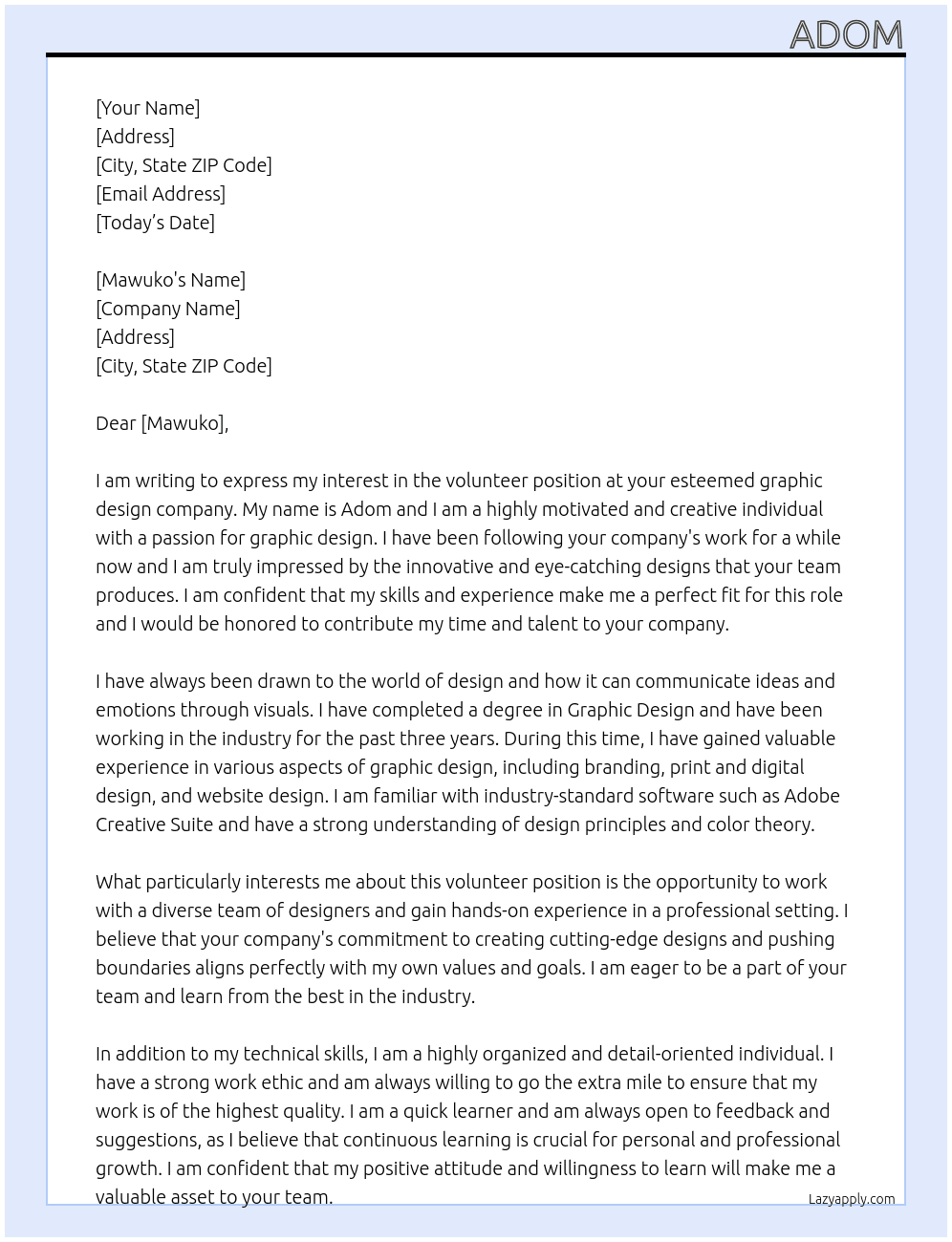 volunteer At graphic design company Cover Letter