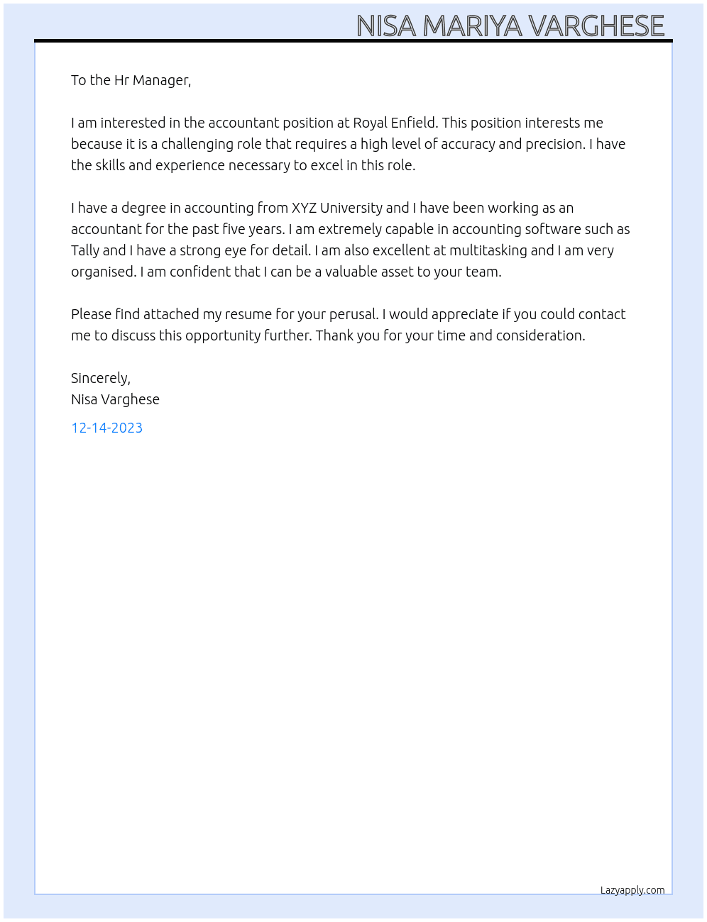 Accountant  At Royal Enfield Cover Letter