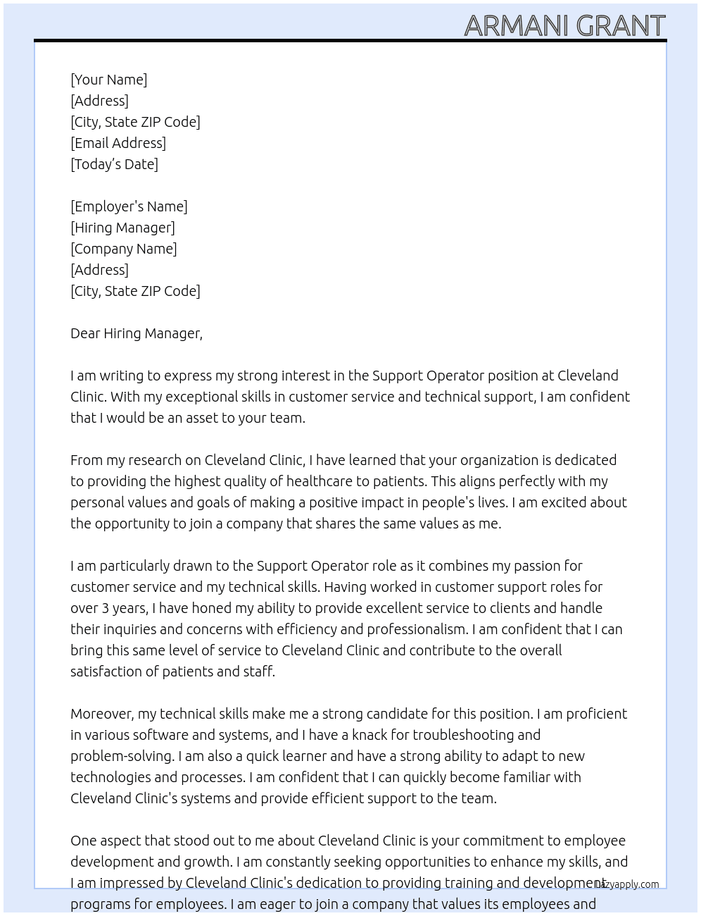Support Operator At Cleveland Clinic Cover Letter