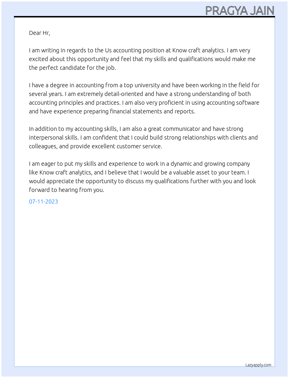 Us accounting At Know craft analytics Cover Letter