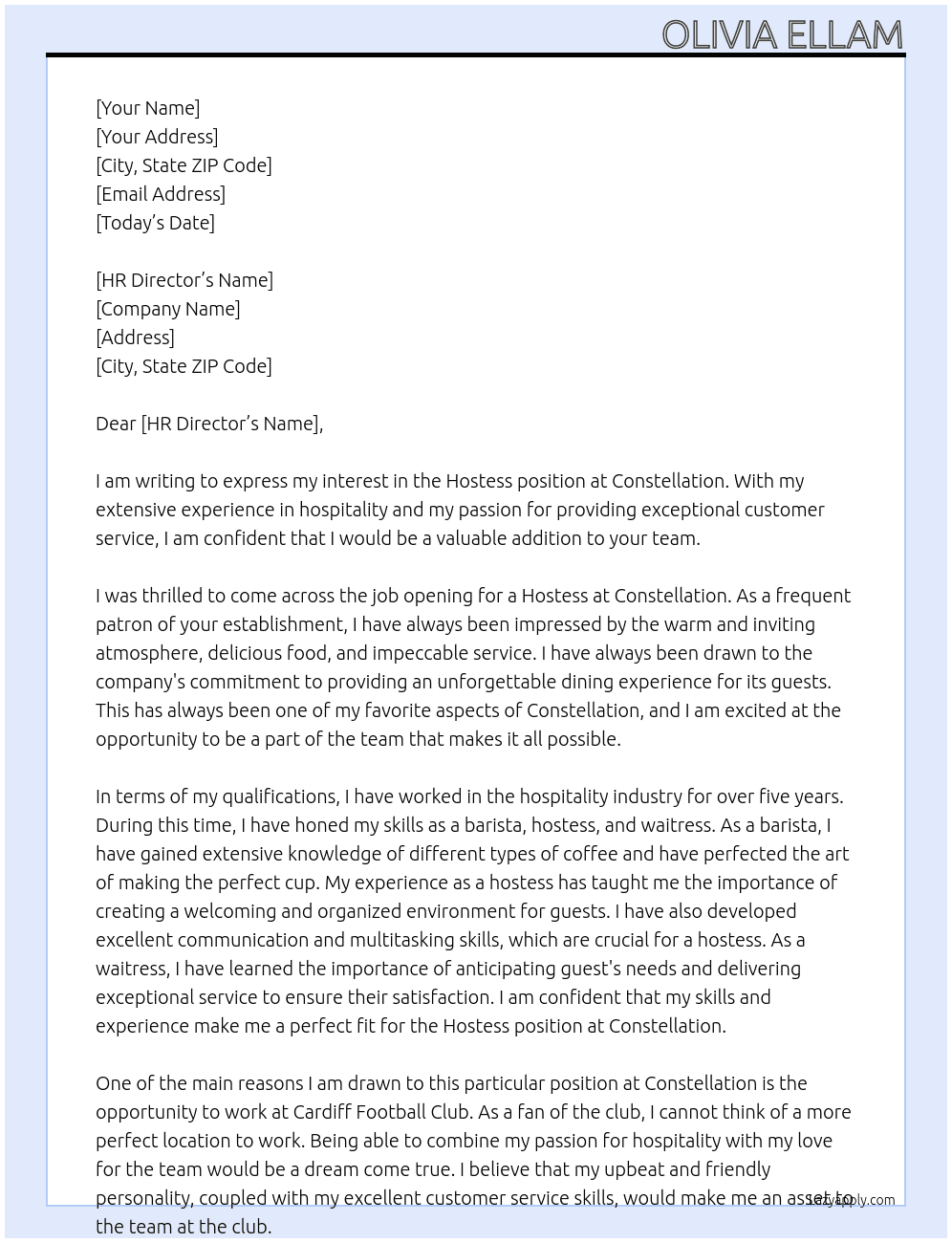 Hostess At Constellation Cover Letter