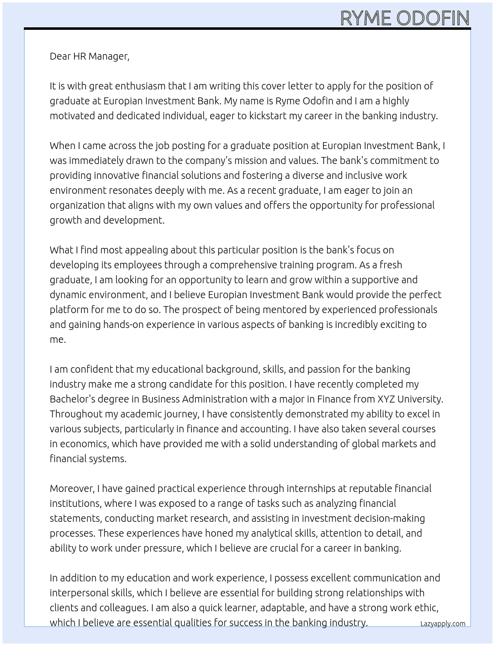 graduate At Europian Investment bank Cover Letter