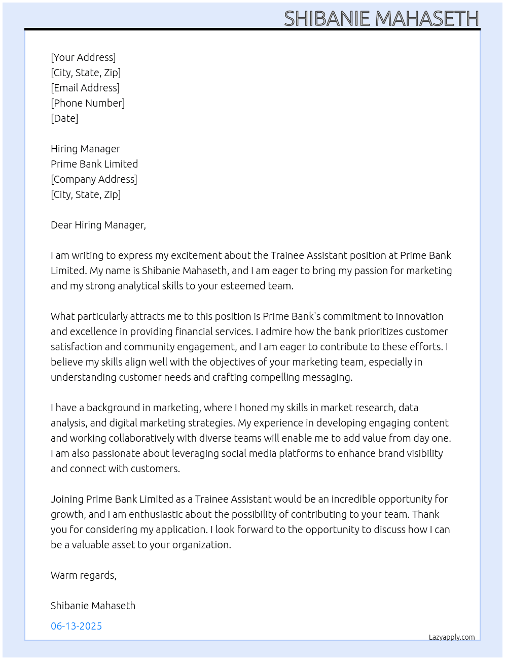 Trainee Assistant At Prime Bank Limited Cover Letter