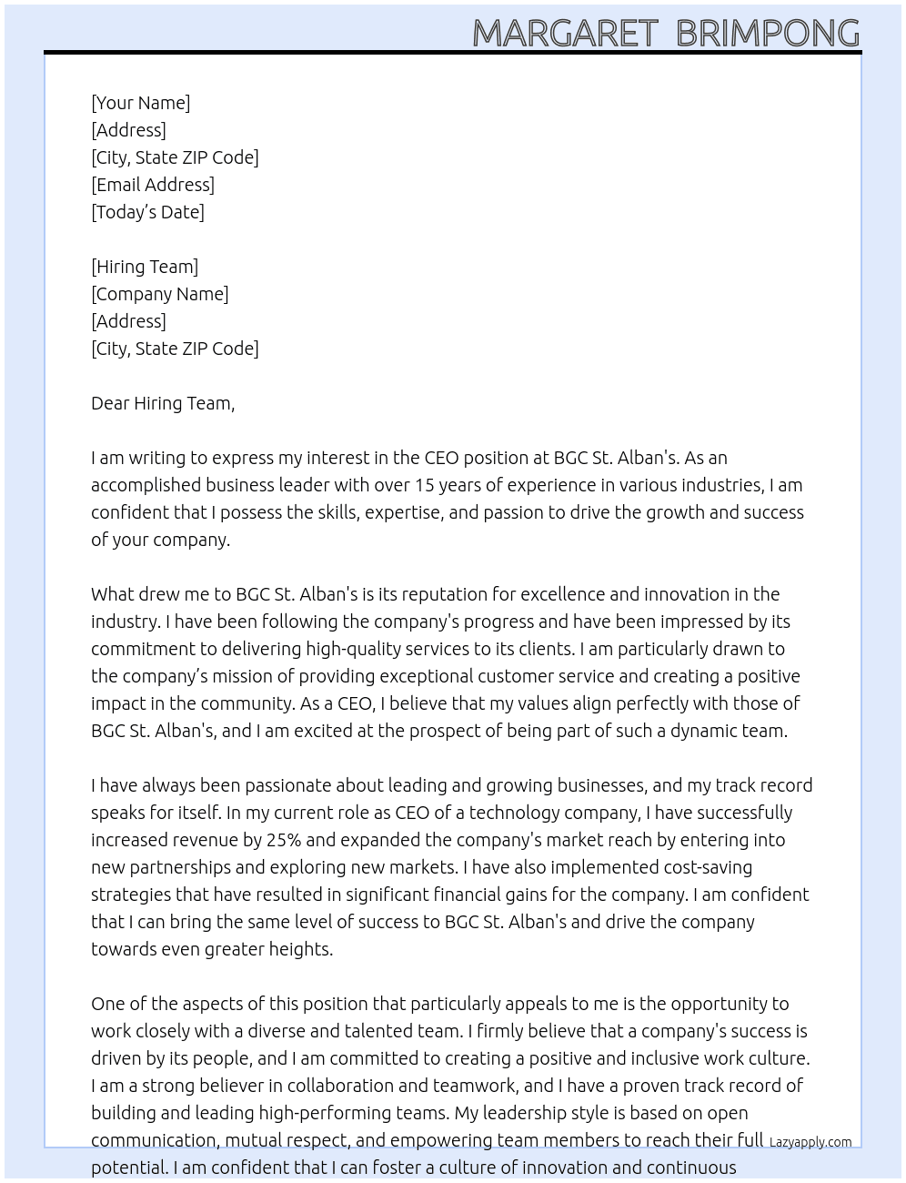 CEO At BGC St. Alban's Cover Letter