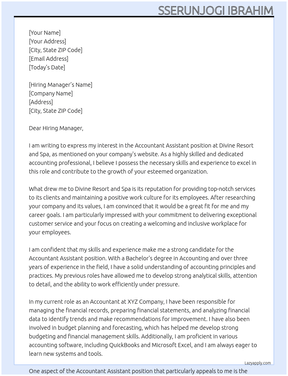 Accountant assistant  At Divine Resort and Spa Cover Letter