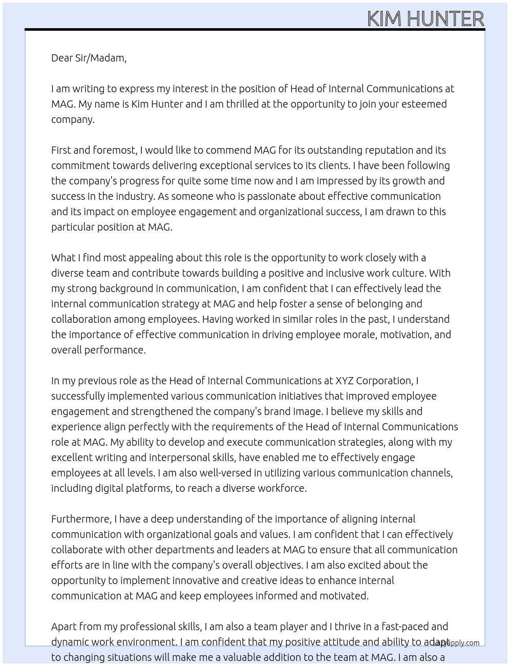 Head of Internal Communications At MAG Cover Letter