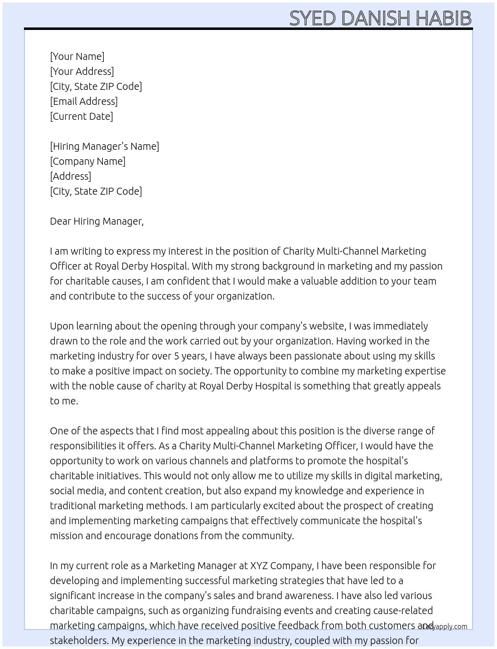 Charity Multi-Channel Marketing Officer At Royal Derby Hospital Cover Letter