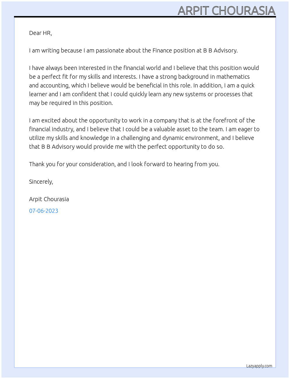 FINANCE  At B B Advisory Cover Letter
