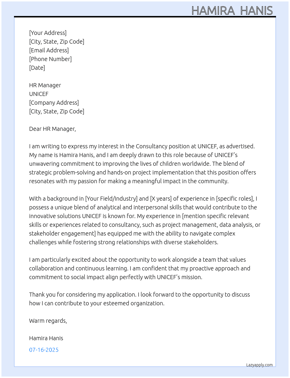 Consultancy  At UNICEF  Cover Letter