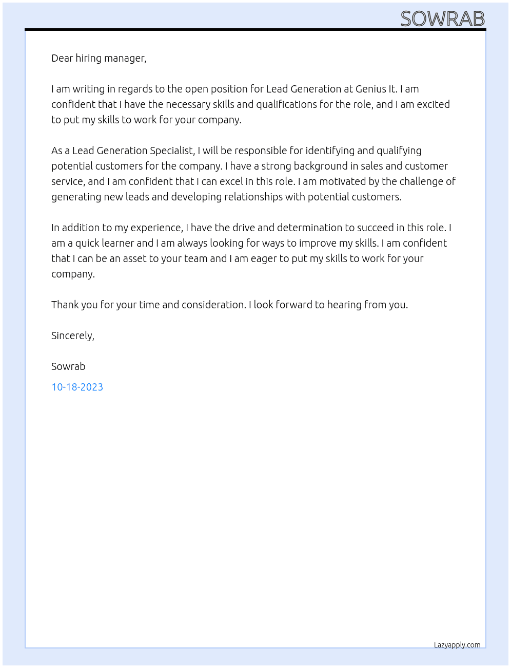 Lead Generation At Genius It Cover Letter