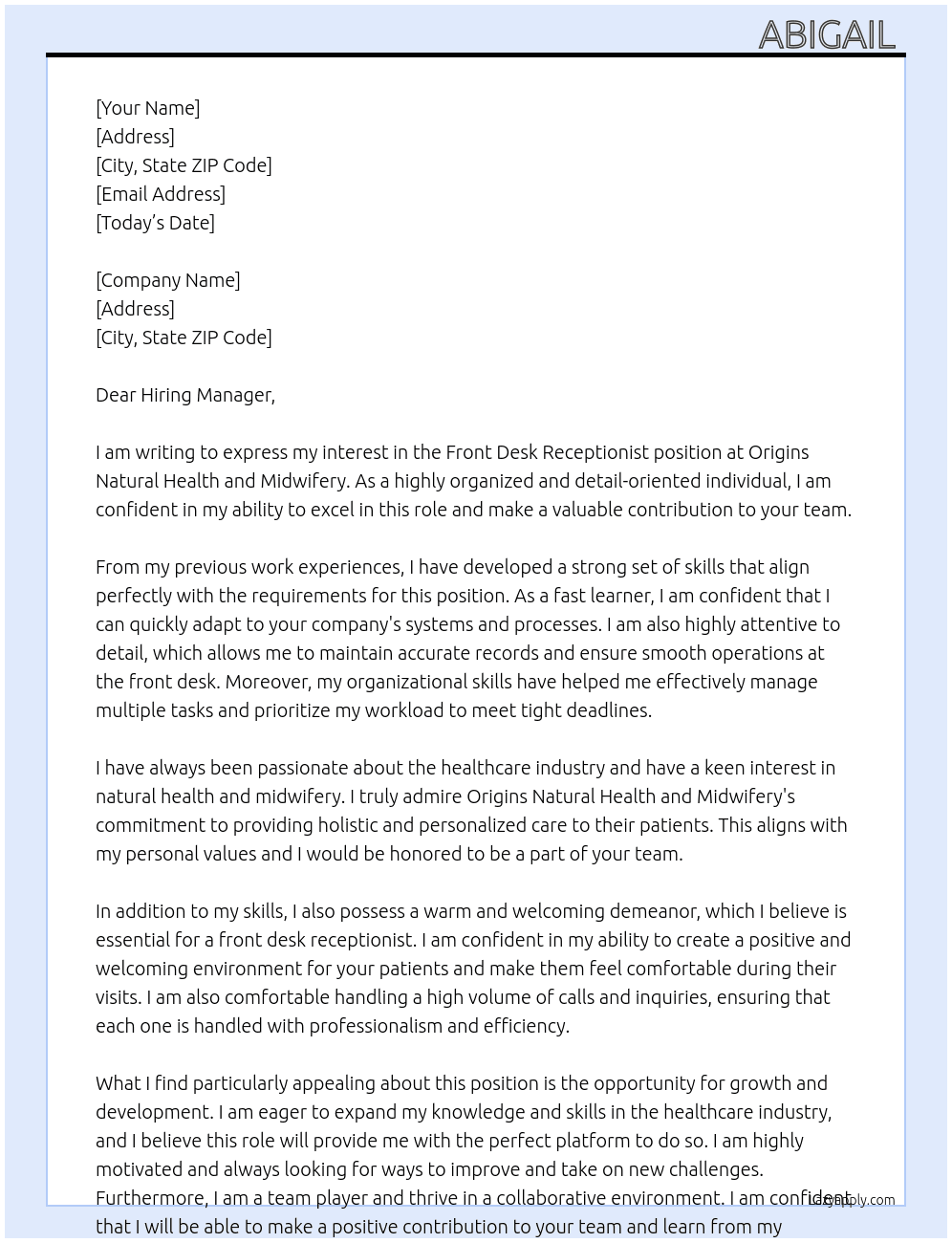 Front desk receptionist  At Origins natural health and midwifery  Cover Letter