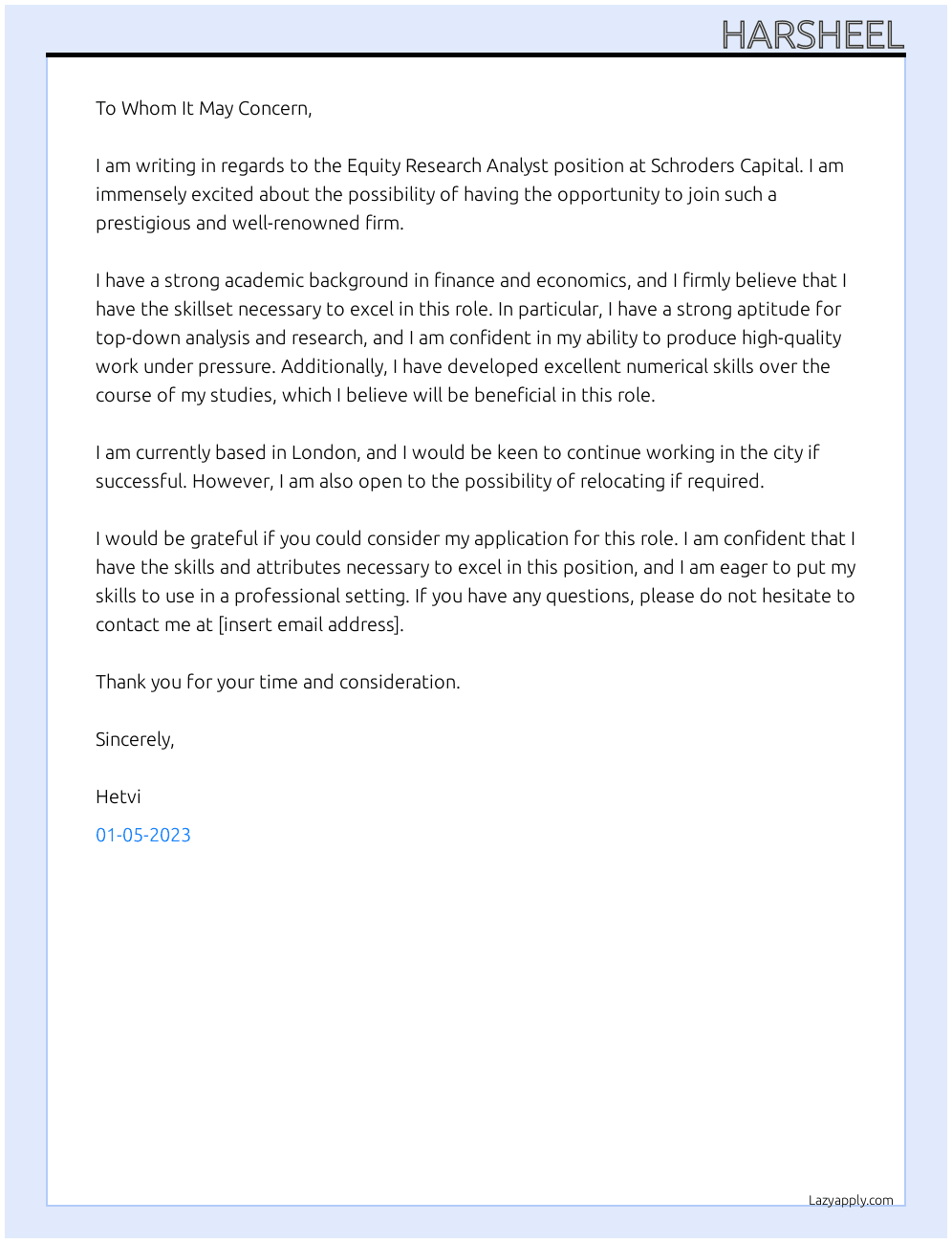 Equity Research Analyst At Schroders Capital Cover Letter
