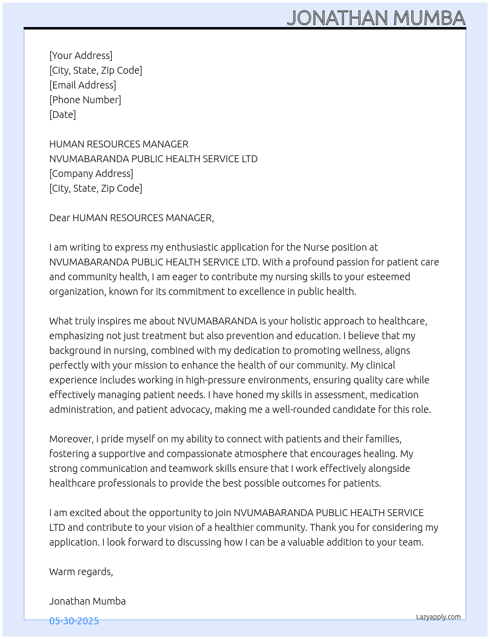 Nurse At NVUMABARANDA PUBLIC HEALTH SERVICE LTD Cover Letter