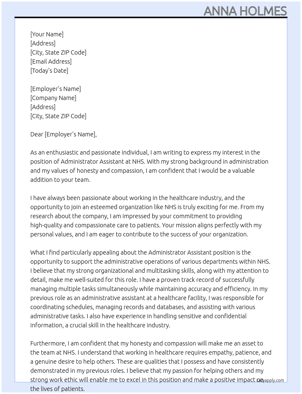 Administrator Assistant At NHS Cover Letter