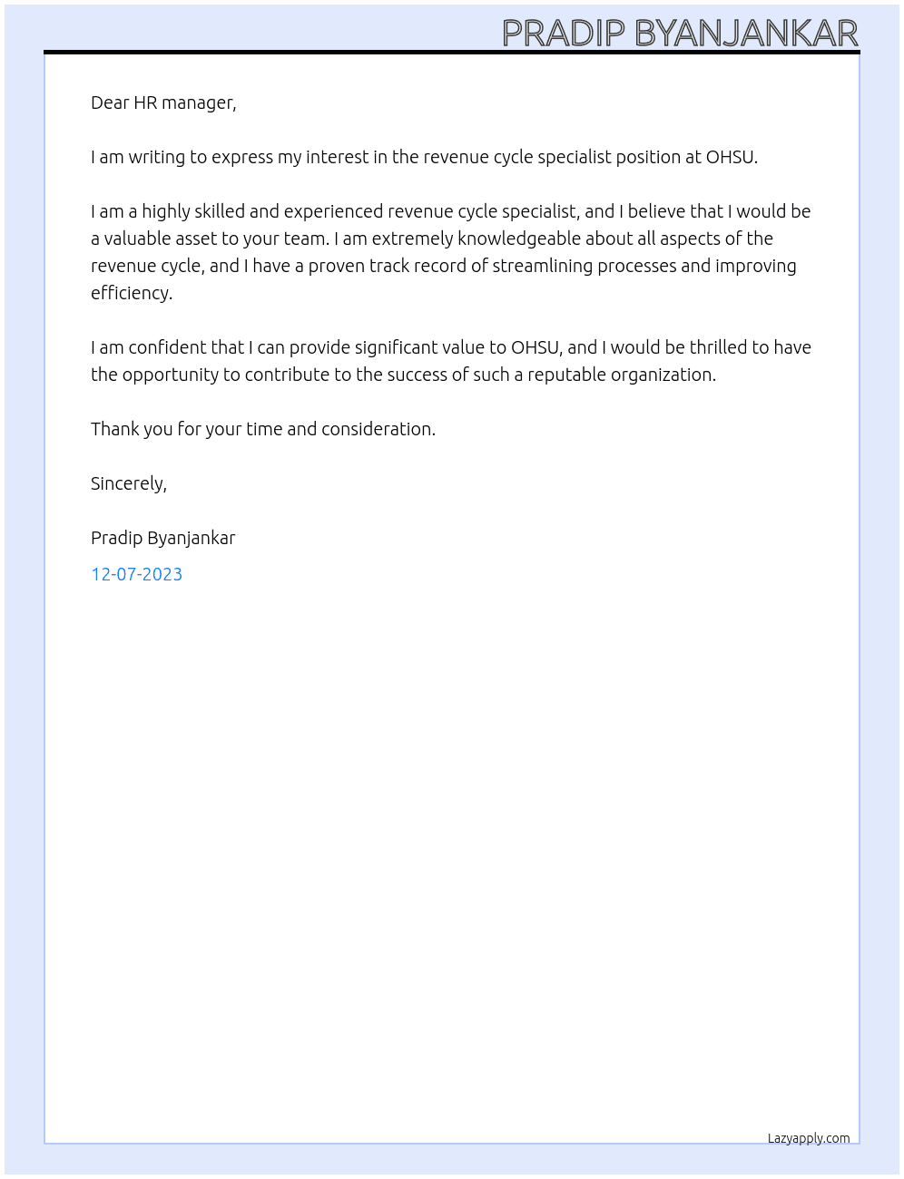 revenue cycle specialist At OHSU Cover Letter