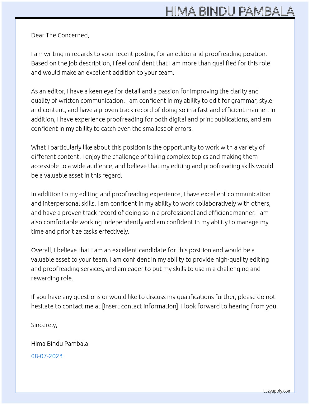 editor and proofreading At The Concerned Cover Letter