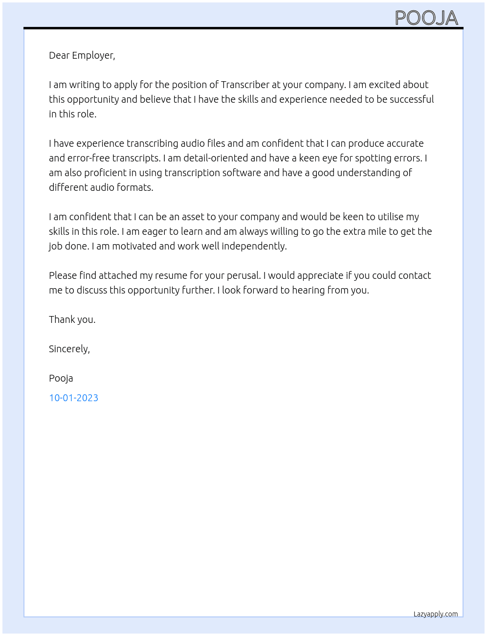 Transcriber At Employer  Cover Letter
