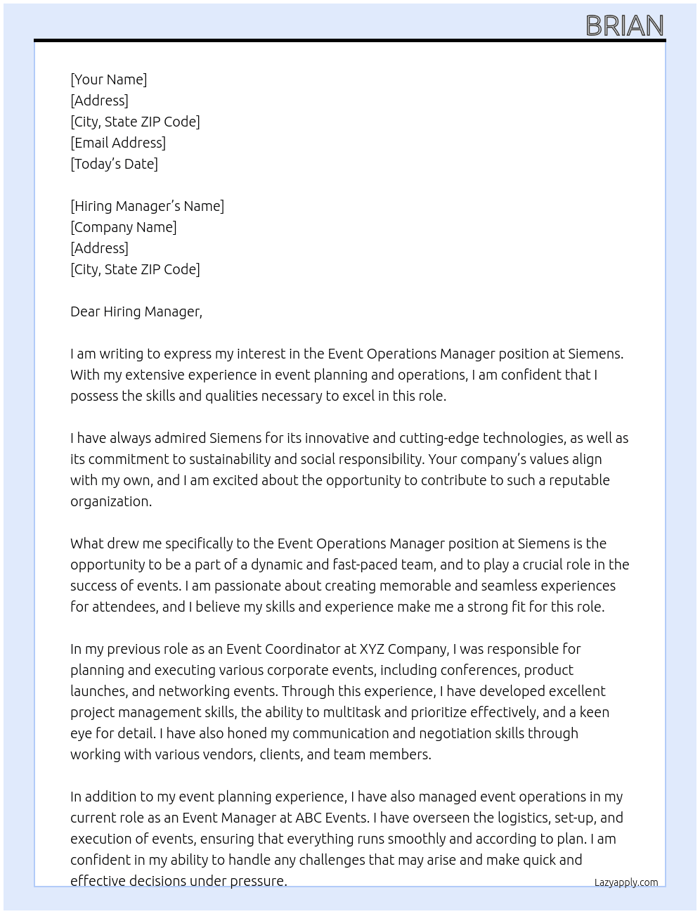 Event operations manager At Siemens Cover Letter