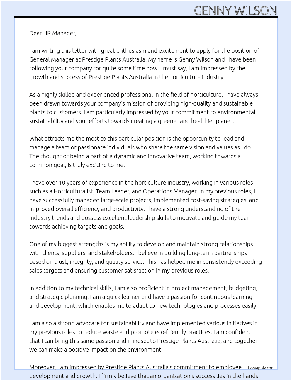 General Manager At Prestige Plants Australia Cover Letter