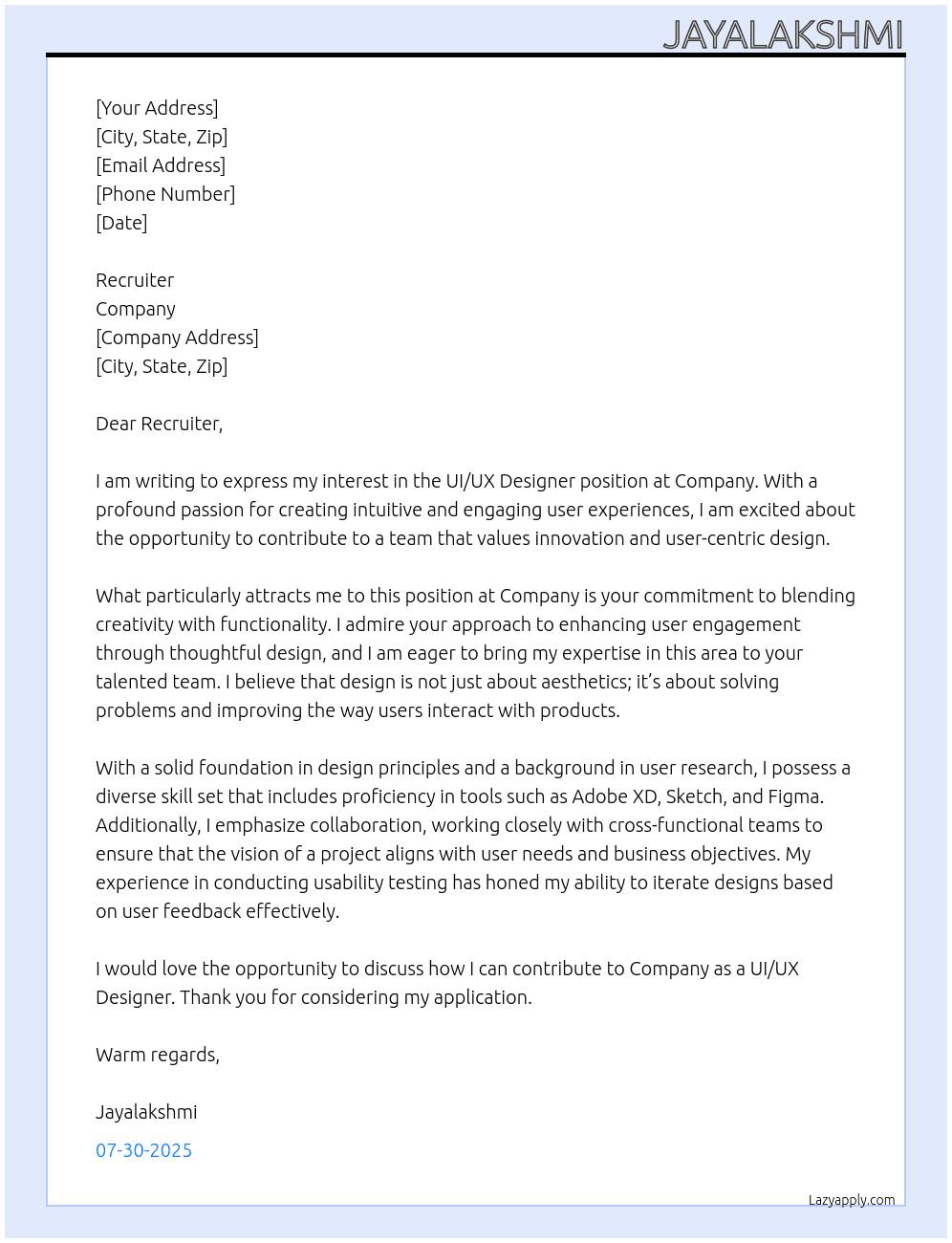 uiux designer  At company  Cover Letter