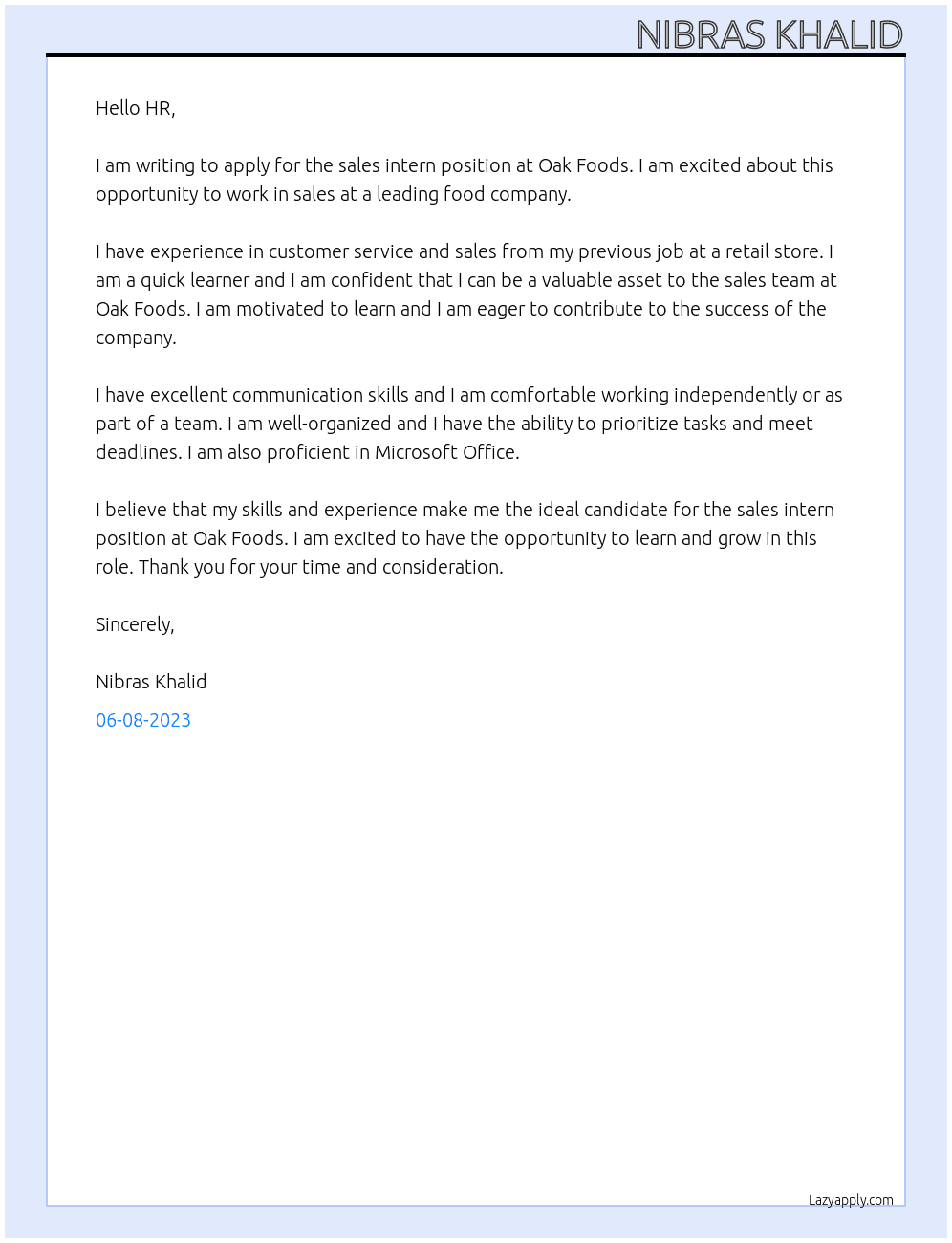 sales intern At oak foods Cover Letter