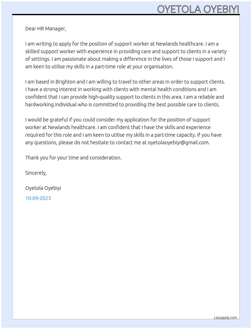 Support worker  At Newlands healthcare  Cover Letter