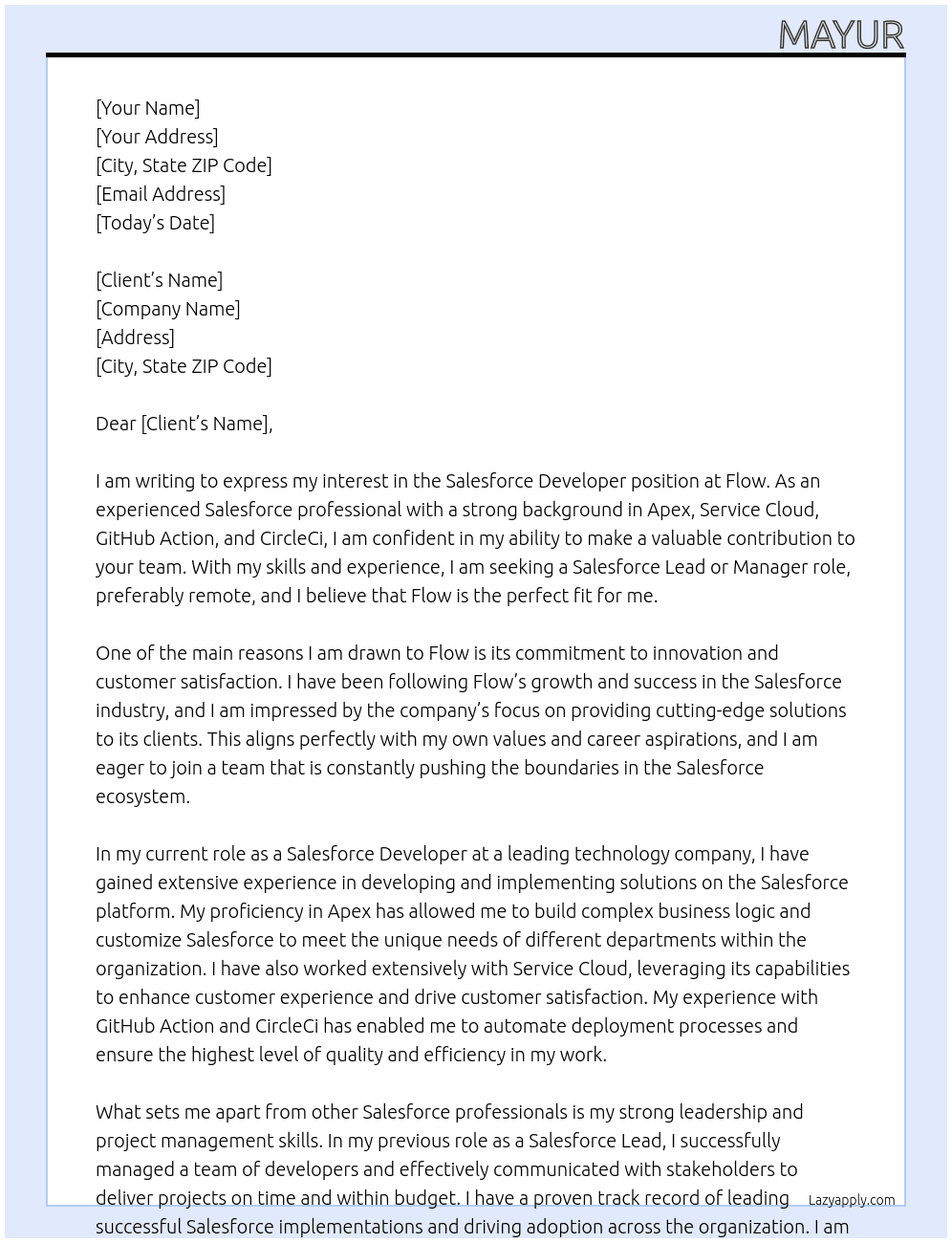 Salesforce Developer At Flow Cover Letter