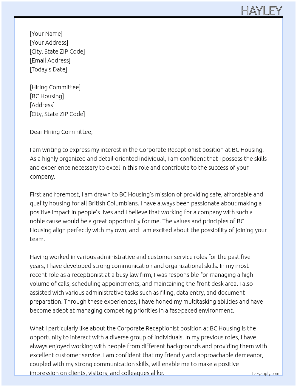 Corporate Receptionist At BC Housing Cover Letter