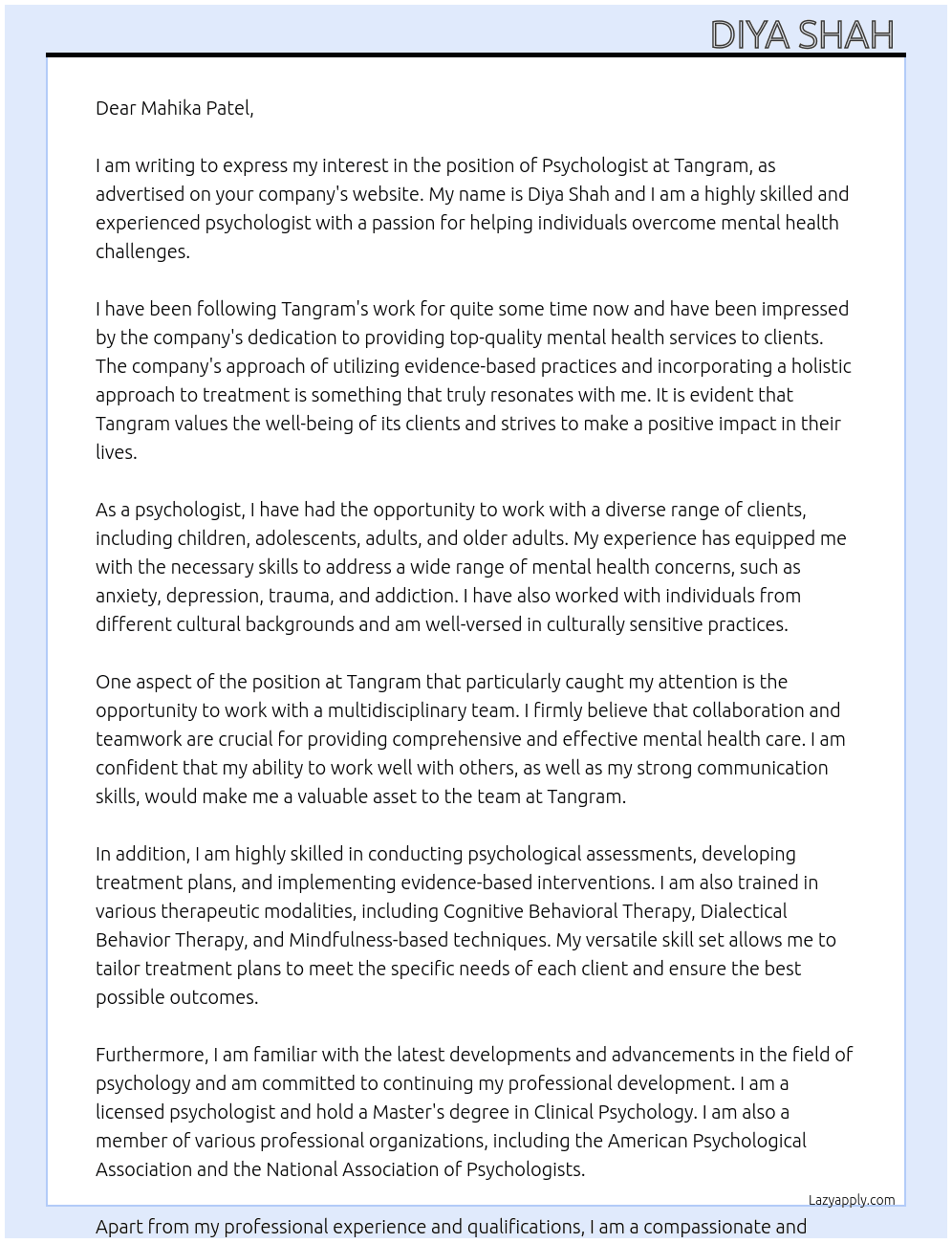 Psychologist  At Tangram Cover Letter