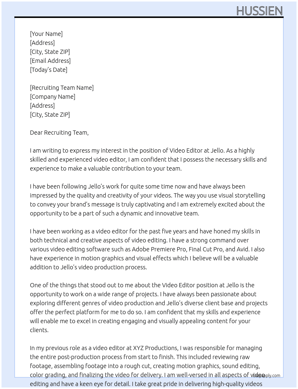 video editor At jello Cover Letter