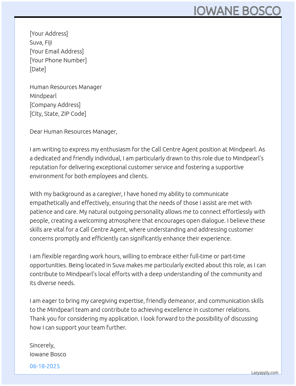 Call Centre agent  At Mindpearl Cover Letter