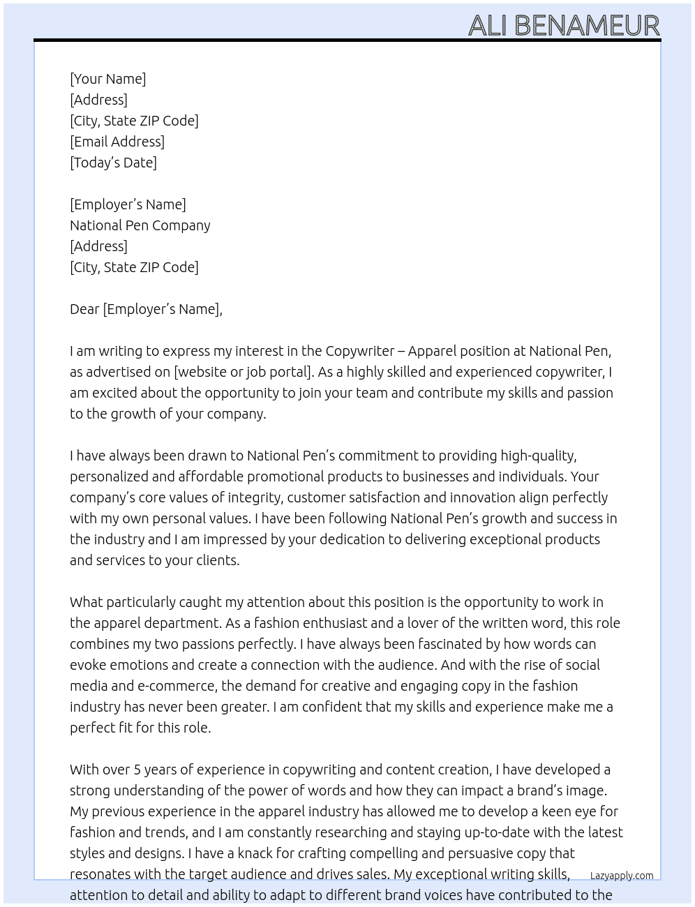 Copywriter - Apparel At National Pen Cover Letter