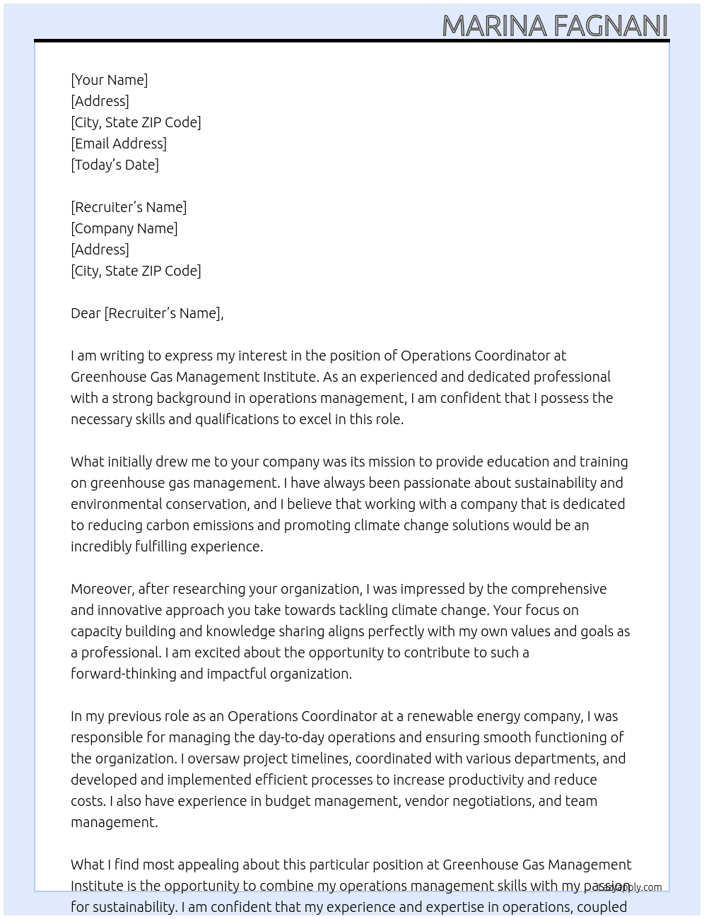 Operations Coordinator At Greenhouse Gas Management Institute Cover Letter
